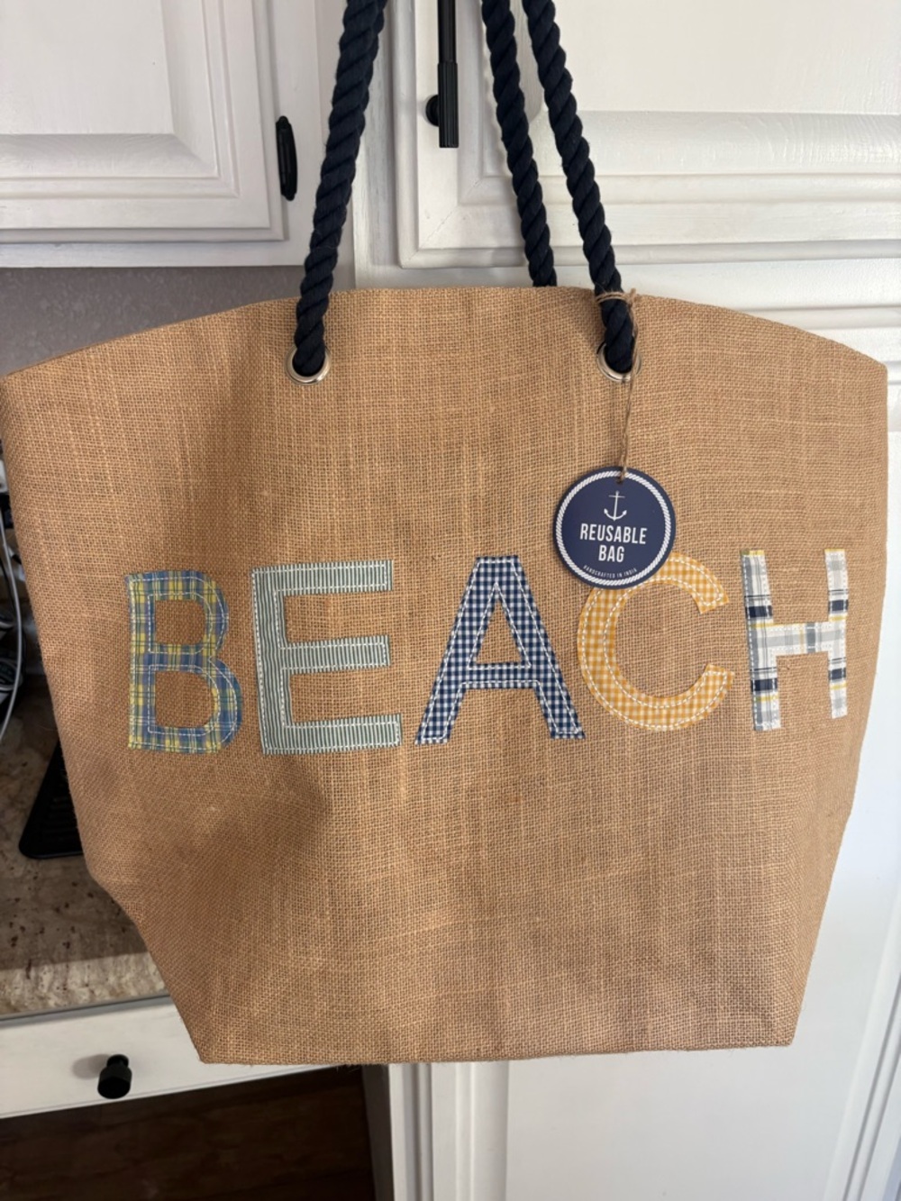 Beach Burlap Tote Bag with Navy Rope Handles-Handcrafted